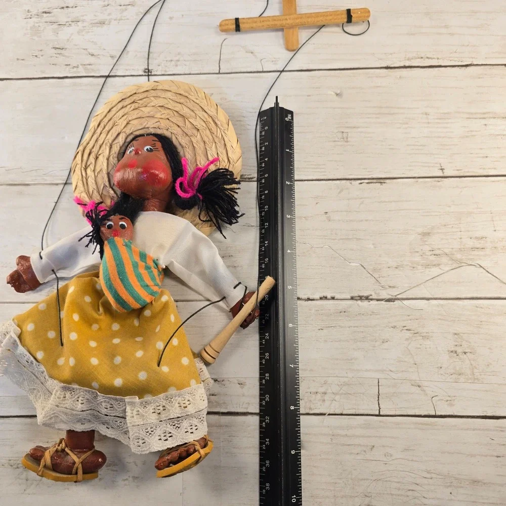 Vintage Mexican Folk Art Marionette Puppet Mother and Baby Straw Hat Polka Dot